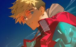 1boy black_shirt blonde_hair blue_eyes blue_sky citronplanet coat earrings glasses hair_between_eyes highres jewelry looking_at_viewer male_focus mole mole_under_eye parted_lips popped_collar red_coat round_eyewear shirt short_hair single_earring sky solo trigun trigun_stampede turtleneck undercut upper_body vash_the_stampede