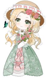 Rule 34 | 1girl, absurdres, animal print, bead choker, beads, blonde hair, bouquet, brooch, brown hat, bug, butterfly, butterfly print, chibi, chinese commentary, closed mouth, commentary request, dress, eyelashes, flower, flower brooch, forehead, frilled gloves, frilled headwear, frills, gloves, gown, green brooch, green butterfly, green dress, green eyes, hair flower, hair ornament, hand up, hat, highres, holding, holding bouquet, infinity nikki, insect, jewelry, layered dress, light blush, light particles, long dress, long hair, looking at animal, low twintails, nikki (series), orange flower, orange rose, pink dress, pink flower, pink rose, puffy short sleeves, puffy sleeves, red flower, red rose, rose, short sleeves, simple background, smile, solo, sparkle, standing, straw hat, sun hat, twintails, verdant melodies (infinity nikki), wavy hair, white background, white flower, white gloves, white rose, white sleeves, zhizhizhizhizhizong