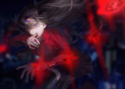 1girl aqua_eyes black_hair black_ribbon black_skirt black_thighhighs command_spell commentary_request cross dark_background fate/stay_night fate_(series) gem glowing hair_ribbon highres long_hair long_sleeves magic_circuit red_shirt ribbon shirt skirt solo thighhighs tohsaka_rin twintails ubwmitekure
