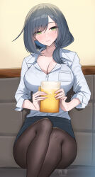 Rule 34 | 1girl, artist name, beer mug, black hair, black skirt, blush, breast pocket, breasts, cleavage, collared shirt, cup, green eyes, hair over shoulder, highres, holding, holding cup, large breasts, looking at viewer, mole, mole under mouth, mug, office lady, original, pencil skirt, pocket, shirt, shougun (chuckni1), sitting, skirt, smile, solo, swept bangs, white shirt, wing collar