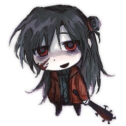 Rule 34 | 1girl, :d, alternate costume, bags under eyes, baseball bat, black hair, black sweater, blood, blood on clothes, blood on face, bloody weapon, chibi, chibi only, chinese commentary, cocito, contemporary, dao gui yi xian, full body, genderswap, genderswap (mtf), hair bun, half updo, holding, holding baseball bat, holding weapon, hood, hooded jacket, jacket, li huowang, long hair, long sleeves, looking at viewer, nail, nail (hardware), nail bat, open clothes, open jacket, open mouth, pants, parted bangs, red eyes, red jacket, ribbed sweater, shaded face, simple background, single hair bun, single side bun, smile, solo, standing, sweater, turtleneck, turtleneck sweater, weapon, white background, yandere