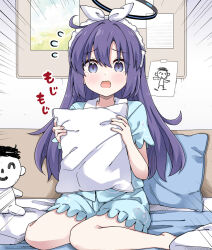 1girl barefoot bed blue_archive blue_shirt blue_shorts blush character_doll commentary_request doll doodle_sensei_(blue_archive) emphasis_lines flying_sweatdrops hair_between_eyes hair_ribbon halo highres holding holding_pillow indoors long_hair looking_at_viewer official_alternate_costume on_bed open_mouth pillow purple_eyes purple_hair ribbon rioshi sensei_(blue_archive) shirt shorts solo very_long_hair white_ribbon yuuka_(blue_archive) yuuka_(pajamas)_(blue_archive)
