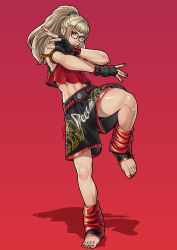 Rule 34 | 1girl, absurdres, alternate color, black shorts, blonde hair, boxing shorts, fatal fury, fatal fury: city of the wolves, fighting stance, fingerless gloves, full body, glasses, gloves, highres, official alternate color, preecha (fatal fury), red eyes, red tank top, shorts, simple background, solo, standing, standing on one leg, tank top, tre artz