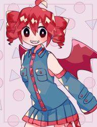 1girl ahoge bat_wings black_eyes black_shirt black_skirt black_sleeves blush buttons collared_shirt cowboy_shot detached_sleeves drill_hair evil_grin evil_smile fangs grin headphones kasane_teto kasane_teto_(utau) long_sleeves looking_at_viewer pleated_skirt purple_background red_trim shirt skirt skirt_set sleeveless sleeveless_shirt smile solo twin_drills utau wings yuusuke-kun