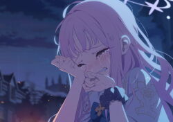 1girl bad_link blue_archive blurry blurry_background blush cloud cloudy_sky crying embers furrowed_brow game_cg halo highres long_hair mika_(blue_archive) night non-web_source official_art open_mouth pink_hair pink_halo ribbon ruins sad school_uniform scrunchie sky sobbing solo spoilers tears upper_body wiping_tears yellow_eyes