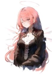 1girl ;) absurdres arknights black_jacket blush closed_mouth commentary grey_halo hair_between_eyes halo highres jacket lemuen_(arknights) long_hair long_sleeves mumu_millhayes one_eye_closed pink_eyes pink_hair simple_background sketch smile solo traditional_halo white_background