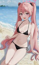 1girl beach bikini black_bikini blue_archive breasts bwilliam fang halo highres horizon koyuki_(blue_archive) long_hair medium_breasts navel ocean open_mouth pink_eyes pink_hair pink_halo side-tie_bikini_bottom sitting smile solo swimsuit twintails