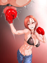 Rule 34 | 1boy, 1girl, abs, aho manten, ball busting, black bra, boxing gloves, bra, braid, denim, jeans, pants, punching, underwear