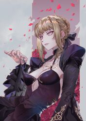 Rule 34 | 1girl, absurdres, artoria pendragon (fate), black dress, black ribbon, blonde hair, braid, breasts, cleavage, detached sleeves, dress, fate/grand order, fate (series), fingernails, flower, grin, hair ribbon, highres, lips, medium breasts, mixed-language commentary, petals, pink lips, red flower, red rose, ribbon, rose, saber alter, saber alter (third ascension), short hair, smile, solo, washuu, wide sleeves, yellow eyes