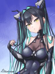 1girl aqua_hair bare_shoulders black_bodysuit black_hair blue_hair bodysuit breasts cleavage colored_inner_hair dress gloves goddess_of_victory:_nikke grimaisbestwaifu hair_intakes large_breasts little_mermaid_(nikke) long_hair looking_at_viewer multicolored_hair see-through_cleavage see-through_clothes solo twintails very_long_hair yellow_eyes