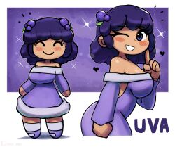 2girls blush breasts chibi closed_eyes dress food-themed_hair_ornament grape_hair_ornament grin hair_ornament heart index_finger_raised large_breasts leaning_forward long_sleeves looking_at_viewer multiple_girls multiple_views off-shoulder_dress off_shoulder one_eye_closed original personification purple_background purple_dress purple_eyes purple_hair purple_shoes shoes short_hair smile socks sparkle standing teeth tony_welt uva_(tony_welt) white_socks wide_hips wink