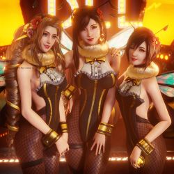 3d 3girls aerith_gainsborough antennae asymmetrical_bangs bee_costume black_hair breasts brown_eyes brown_hair curly_hair earrings final_fantasy final_fantasy_vii final_fantasy_vii_remake fishnet_legwear fishnets flower green_eyes hair_flower hair_ornament hair_ribbon highres honey_bee_inn insect_wings jewelry large_breasts lipstick long_hair makeup materia medium_breasts multiple_girls nail_polish neon_lights one_eye_closed parted_bangs parted_lips red_eyes ria-neearts ribbon ringlets short_hair sidelocks smile square_enix straight_hair thigh_strap tifa_lockhart upper_body wall_market wings wink wrist_cuffs yellow_neckwear yuffie_kisaragi
