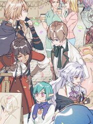 ahoge bare_shoulders cowenna eochaid_(mabinogi) festival gloves grey_hair long_hair mabinogi multiple_boys multiple_girls painting_(action) rian_(bdl) rowan_(mabinogi) sleeveless