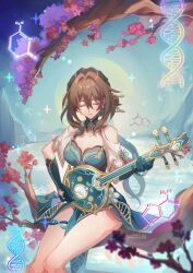 1girl breasts brown_hair china_dress chinese_clothes cleavage closed_eyes clothing_cutout dress gloves hair_between_eyes hair_ornament highres holding holding_instrument honkai:_star_rail honkai_(series) instrument jewelry long_hair medium_breasts mikanchii music playing_guitar playing_instrument ruan_mei_(honkai:_star_rail) shoulder_cutout solo white_sleeves