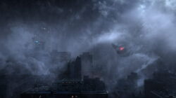 1boy blue_eyes building city cloud cloudy_sky crest destruction dust giant giant_monster glowing glowing_eyes horns kaiju mecha monster moonlight night no_humans no_pupils overcast platinumgames project_g.g. red_eyes robot rubble silhouette single_horn sky skyscraper spikes superhero_costume tail teaser