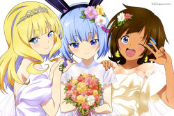 3girls ;d absurdres animal_ears bare_shoulders blonde_hair blue_eyes blue_hair brown_hair closed_mouth crown dress flower highres holding holding_flower kazamatsuri_ren_(shadowverse_flame) long_hair looking_at_viewer magazine_scan megami_magazine multiple_girls nail_polish no_bra noguchi_takayuki official_art one_eye_closed open_mouth otosaka_shion_(shadowverse_flame) purple_nails rabbit_ears scan see-through_clothes shadowverse shadowverse_(animated_series) shadowverse_flame short_hair smile takanashi_tsubasa_(shadowverse_flame) teeth upper_body upper_teeth_only v wedding_dress white_background