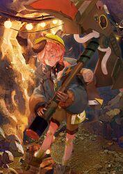 1girl backpack bag bandaid bandaid_on_face bandaid_on_knee bandaid_on_leg bandaid_on_nose blue_coat blue_eyes boots brown_boots brown_shorts carrying_over_shoulder closed_mouth coat crossed_bandaids fate/grand_order fate_(series) game_cg gloves grey_gloves hair_between_eyes hair_over_shoulder hard_hat hat helmet holding holding_pickaxe huge_weapon kibadori_rue leaning_forward leg_up long_hair long_sleeves looking_at_viewer low_ponytail official_art open_clothes open_coat orange_hair oversized_object pickaxe ponytail shorts smile solo standing standing_on_one_leg third-party_source turtleneck two-handed underground van_gogh_(fate) van_gogh_(miner)_(fate) weapon yellow_hat