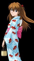1girl ahoge animal_print artist_request blue_eyes breasts fan fish fish_print from_side hair_ornament highres holding japanese_clothes kimono koi long_hair long_image looking_at_viewer looking_back neck neon_genesis_evangelion obi official_art orange_hair pink_sash print_kimono red_headwear sash smile solo souryuu_asuka_langley standing tall_image traditional_clothes twintails v_arms wide_sleeves yukata