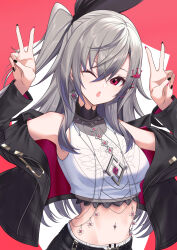 Rule 34 | 1girl, ;o, absurdres, bare shoulders, belt, black belt, black bow, black jacket, black nails, black pants, bow, breasts, chain, commentary request, crop top, cropped shirt, crossed bangs, crown hair ornament, deshihayashi18, diamond earrings, earrings, grey hair, hair between eyes, hair bow, hands up, high collar, highres, hololive, hololive dev is, isaki riona, jacket, jewelry, long hair, looking at viewer, medium breasts, nail polish, navel, navel piercing, off shoulder, one eye closed, one side up, open mouth, pants, piercing, pink nails, red background, red eyes, shirt, single earring, solo, stomach, two-sided fabric, two-sided jacket, very long hair, virtual youtuber, white shirt, zipper