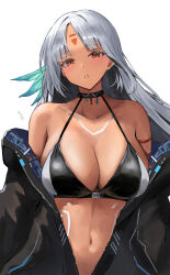 Rule 34 | 1girl, :o, absurdres, arm strap, azur lane, bare shoulders, bikini, black bikini, black choker, black jacket, blunt bangs, body markings, breasts, choker, cleavage, collarbone, commentary, dark-skinned female, dark skin, facial mark, feather hair ornament, feathers, forehead mark, hair ornament, highres, jacket, large breasts, long hair, looking at viewer, massachusetts (azur lane), navel, off shoulder, parted bangs, parted lips, red eyes, simple background, solo, soul (dp11), stomach, swimsuit, unzipped, upper body, very long hair, white background, white hair