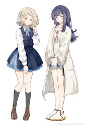 2girls absurdres alternate_hairstyle black_socks blonde_hair blue_overskirt blue_ribbon blue_skirt blue_vest bracelet brown_shoes camisole chinese_commentary closed_mouth collared_shirt commentary_request cosplay costume_switch flipped_hair flower full_body gakuen_idolmaster hair_flower hair_ornament hairclip hairstyle_switch hataya_misuzu hataya_misuzu_(cosplay) hatsuboshi_gakuen_school_uniform highres idolmaster jewelry loafers long_hair long_sleeves looking_at_viewer migolu mole mole_under_mouth multiple_girls neck_ribbon orange_eyes own_hands_together pleated_skirt purple_hair ribbon school_uniform shinosawa_hiro shinosawa_hiro_(cosplay) shirt shoes short_hair simple_background skirt smile socks standing vest white_background white_camisole white_shirt white_shoes