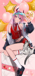 1girl armpits balloon black_shoes blue_hair blue_hat blush cat chain chain_necklace commentary crazy_raccoon crop_top crop_top_overhang earrings food_print fruit_print grin hat highres horns jacket jewelry long_hair midriff multicolored_hair nail_polish navel necklace off_shoulder open_clothes open_jacket pink_eyes pink_hair red_shirt red_shorts sai_(saiqun_31) selly55 shading_eyes shirt shoelaces shoes shorts sleeveless sleeveless_shirt smile sneakers socks solo star_balloon strawberry_print streaked_hair turtleneck turtleneck_shirt two-tone_hair visor_cap white_socks