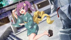 Rule 34 | 1girl, 22/7, 22/7 ongaku no jikan, ahoge, araragi tsukihi, araragi tsukihi (cosplay), bakemonogatari, black ribbon, cobblestone, cosplay, dancing, dutch angle, egg hair ornament, fang, floral print, floral print kimono, food-themed hair ornament, game cg, green kimono, hair between eyes, hair ornament, hair ribbon, highres, inari, japanese clothes, kimono, leg up, lens flare, looking at viewer, monogatari (series), non-web source, obi, official art, outdoors, platform clogs, print kimono, purple eyes, purple hair, red scarf, ribbon, sash, scarf, short kimono, solo, sparkle, stairs, standing, standing on one leg, tojo yuki, twintails, yellow sash
