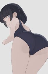 1girl ass ass_focus bare_shoulders black_hair black_one-piece_swimsuit blue_eyes blunt_bangs from_behind grey_background highres hiroki_(yyqw7151) looking_at_viewer looking_back one-piece_swimsuit original short_hair simple_background solo swimsuit white_background