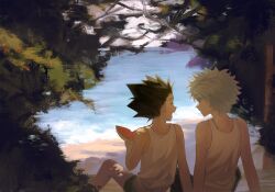 2boys ^_^ bare_shoulders beach black_hair black_pants black_shorts blue_eyes closed_eyes food fruit gelb gon_freecss highres holding holding_food holding_fruit holding_watermelon hunter_x_hunter killua_zoldyck looking_at_another male_focus multiple_boys ocean open_mouth outdoors pants plant shorts sitting spiked_hair tank_top tree water watermelon watermelon_slice white_hair white_tank_top