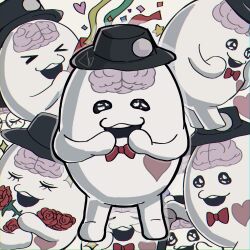 1boy black_eyes black_hat bow bowtie brain character_background commentary english_commentary flower getsumen_(pst_moon) hat heart highres red_bow red_bowtie red_flower red_rose rose sirei_(hundred_line) smile streamers teeth the_hundred_line_-last_defense_academy- upper_teeth_only