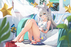 Rule 34 | 1girl, absurdres, animal ear fluff, animal ears, bare shoulders, blue eyes, blush, breasts, cake, character request, cleavage, collarbone, copyright request, dress, food, fox ears, grey hair, highres, legs, long hair, looking at viewer, medium breasts, open mouth, sitting, stuffed toy, teeth, thighs, upper teeth only, very long hair, white dress, yu tsujihara y3