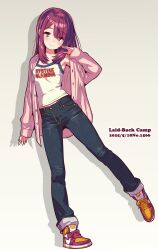 Rule 34 | 1girl, 2025, asymmetrical bangs, blue pants, blush, closed mouth, copyright name, dated, full body, gradient background, grey background, highres, jacket, jagi (jagi souken), long hair, long sleeves, open clothes, open jacket, pants, pink jacket, red hair, shadow, shirt, sleeveless, sleeveless shirt, sleeves past wrists, smile, solo, standing, standing on one leg, straight hair, toki ayano, white shirt, yellow eyes, yurucamp