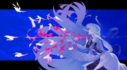 1girl absurdres bare_shoulders bird blood blue_hair cowboy_shot dove dress elbow_gloves from_side gloves hair_between_eyes halo highres honkai:_star_rail honkai_(series) kwaiwai long_hair open_mouth robin_(honkai:_star_rail) solo strapless strapless_dress two-tone_dress very_long_hair white_dress white_gloves white_wings wings