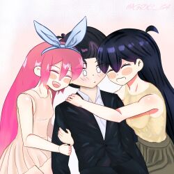 1boy 2girls aubrey_(headspace)_(omori) aubrey_(omori) black_hair blush brother_and_sister couple dress group_sex hetero highres incest little_brother long_hair mari_(faraway)_(omori) mari_(omori) multiple_girls older_sister omori pink_hair shirt short_hair siblings skirt sunny_(omori) threesome white_eyes