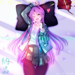 1girl aramis_high_school_uniform artist_name bow breasts commission curtained_hair eiyuu_densetsu english_text furisode_(pixilvina) hair_bow heart highres jacket kuro_no_kiseki_(series) long_hair long_sidelocks long_sleeves looking_at_viewer medium_breasts on_bed one_eye_closed open_mouth parted_bangs pillow plaid_clothes plaid_skirt purple_hair renne_(eiyuu_densetsu) school_uniform sidelocks skirt smile solo thighhighs tongue tongue_out watermark yellow_eyes