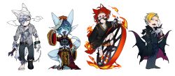 4boys absurdres animal_ear_fluff animal_ears bandage_over_one_eye bandages bat_wings black_coat black_eyes black_kimono blonde_hair blood blood_on_clothes bloody_bandages blue_blood blue_eyes blue_hair blue_skin blue_tongue boots claws coat colored_sclera colored_skin colored_tongue commentary cracked_skin cuffs deformed fangs fins fire fish_boy fish_tail fox_boy fox_ears fox_tail full_body gloves grey_eyes halloween hand_on_own_chest hand_up hat head_fins highres holding holding_wrench japanese_clothes jiangshi kimono long_sleeves looking_at_another looking_at_viewer male_focus monster_boy multiple_boys ofuda ofuda_on_head open_mouth original outstretched_arms pants pointy_ears qingdai_guanmao red_eyes red_hair shackles shoes simple_background single_shoe skeletal_tail standing symbol-only_commentary tail toeless_footwear tongue tongue_out vampire wheel white_background wide_sleeves wings wrench yellow_sclera zombie zombie_pose zzb_azz