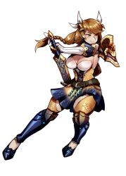 Rule 34 | 1girl, black corset, blush, braid, braided ponytail, breasts, brown eyes, brown hair, cleavage, closed mouth, corset, dress, fire emblem, fire emblem engage, gloves, goldmary (fire emblem), hair ribbon, hakuramen, highres, holding, holding sword, holding weapon, large breasts, long hair, looking at viewer, low ponytail, monster hunter (series), nintendo, ponytail, ribbon, skirt, smile, solo, sword, weapon, white ribbon, yellow dress, yellow eyes, yellow skirt