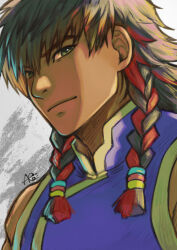 1boy ari8exist bare_shoulders black_hair bosch_(street_fighter) braid close-up dark-skinned_male dark_skin green_eyes grey_background highres light_smile looking_at_viewer male_focus medium_hair multicolored_hair solo street_fighter street_fighter_6 twin_braids two-tone_hair