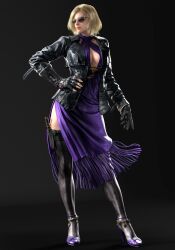 1girl 3d absurdres asymmetrical_gloves black_gloves black_thighhighs breasts cleavage_cutout clothing_cutout dress expressionless fingerless_gloves fishnet_thighhighs fishnets full_body gloves grey_background high_heels highres holster knife medium_breasts nina_williams non-web_source official_art purple_dress purple_shoes shoes short_hair solo standing sunglasses tekken tekken_8 thigh_holster thighhighs uneven_gloves