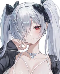 1girl alternate_costume blush bow bra breasts cinderella_(nikke) cleavage closed_mouth collarbone earrings goddess_of_victory:_nikke hair_bow hair_ornament hair_over_one_eye heart heart_necklace jewelry long_sleeves looking_at_viewer mrr_05 necklace portrait red_eyes twintails underwear white_bra