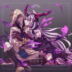 1boy 1girl alonemistrist boots brown_boots chained_legs commission dark_persona dragon_horns fake_horns feather_hair_ornament feathers fire_emblem fire_emblem_engage fire_emblem_heroes gloves hair_ornament hetero highres hood hood_up hooded_robe horns kiran_(fire_emblem) leather leather_gloves male_kiran_(fire_emblem) multicolored_hair nintendo official_alternate_eye_color robe two-tone_hair veyle_(fell_successor)_(fire_emblem) veyle_(fire_emblem) wing_hair_ornament