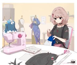 1girl artist_name bags_under_eyes bandeau belt black_belt black_choker black_eyes black_nails black_shirt blue_dress border breasts brown_hair chair china_dress chinese_clothes choker commentary_request concentrating dress earrings empty_eyes fabric fluffy_hair food-themed_earrings food-themed_hair_ornament food-themed_necklace glassy0302 hair_ornament highres holding holding_sewing_needle indoors jewelry kokemomo_(glassy0302) long_sleeves looking_down mandarin_collar mannequin nail_polish needle original outside_border paper pink_skirt ruler scissors sewing sewing_machine sewing_needle shanghai_neckline shirt side_slit sitting sketchbook skirt sleeveless sleeveless_dress small_breasts solo spool swept_bangs table thread twitter_username unworn_dress white_border