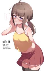 1girl :o absurdres ahoge arm_behind_back armpit_crease bare_arms black-framed_eyewear black_thighhighs blush bra bra_peek breasts brown_hair collarbone commentary_request cowboy_shot crop_top glasses hand_up highres long_hair looking_at_viewer midriff mujin_(mujinzairaisen) navel open_mouth original pleated_skirt ponytail purple_eyes red_skirt semi-rimless_eyewear shirt sidelocks skirt solo speech_bubble thighhighs translation_request under-rim_eyewear underwear white_background white_bra yellow_shirt zettai_ryouiki