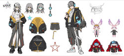 1boy 1girl 2others animal_ear_headphones animal_ears bag bare_shoulders baseball_cap black_bag black_jacket black_pants black_shoes caelus_(honkai:_star_rail) cellphone closed_mouth coat commentary_request cropped_shirt dual_persona fake_animal_ears full_body grey_hair hat head-mounted_display headphones headphones_around_neck highres holding holding_phone honkai:_star_rail honkai_(series) jacket jewelry jigboom long_hair looking_at_phone looking_at_viewer mem_(honkai:_star_rail) multiple_others multiple_views necklace off_shoulder official_alternate_costume open_clothes open_jacket pants parted_lips phone pink_coat pink_hat pom-pom_(honkai:_star_rail) red_coat reference_sheet shirt shoes short_hair shoulder_bag simple_background sleeveless sleeveless_shirt smartphone smile sneakers star_(symbol) star_necklace stelle_(honkai:_star_rail) trailblazer_(honkai:_star_rail) white_background white_hat white_shirt white_shoes yellow_eyes