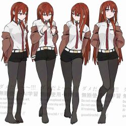 Rule 34 | 1girl, black pantyhose, makise kurisu, multiple views, necktie, no shoes, pantyhose, red hair, standing, steins;gate, suehiroch0