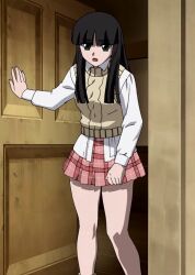 1girl 2000s anime_screenshot bare_legs black_hair breasts door exhausted gad_guard green_eyes legs long_hair miniskirt open_mouth plaid_clothes plaid_skirt red_skirt shinozuka_arashi shirt skirt stitched sweater thighs third-party_edit yellow_sweater