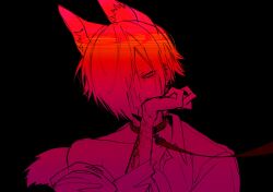 Rule 34 | 1boy, animal ears, black background, bleeding, blood, chino (sky tanosi), collar, dog boy, dog ears, dog tail, hair over one eye, head tilt, leash, licking, looking at viewer, male focus, off shoulder, original, rope marks, self-harm, shirt, short hair, simple background, solo, tail, tongue, tongue out, upper body