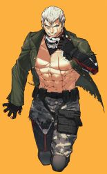 1boy :d abs bara bare_pectorals black_eyes bryan_fury camouflage camouflage_pants evil_grin evil_smile green_jacket grey_hair grin highres houjoh_(7th-heaven) jacket knee_pads long_sleeves looking_at_viewer male_focus mask military_jacket muscular muscular_male navel open_clothes open_jacket open_mouth orange_background pants pectorals scar scar_across_eye scar_on_chest scar_on_face short_hair simple_background skull_print smile solo stomach teeth tekken tekken_7 torn_clothes torn_jacket torn_pants v-shaped_eyebrows