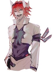 1boy aotu_world armband black_shirt chinese_commentary cropped_jacket eyewear_on_head goggles goggles_on_head hair_between_eyes headgear highres jacket looking_at_viewer male_focus open_mouth pius_(aotu_world) pointy_ears red_eyes red_hair sharp_teeth shirt short_hair simple_background smile solo teeth white_background white_jacket xw_ji_ben_yuan_li_gailun