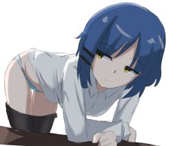 Rule 34 | 1girl, blue hair, blue panties, bocchi the rock!, clothes pull, highres, jitome, kenpopor18, mole, mole under eye, panties, pantyhose, pantyhose pull, thighs, underwear, white background, yamada ryo, yellow eyes